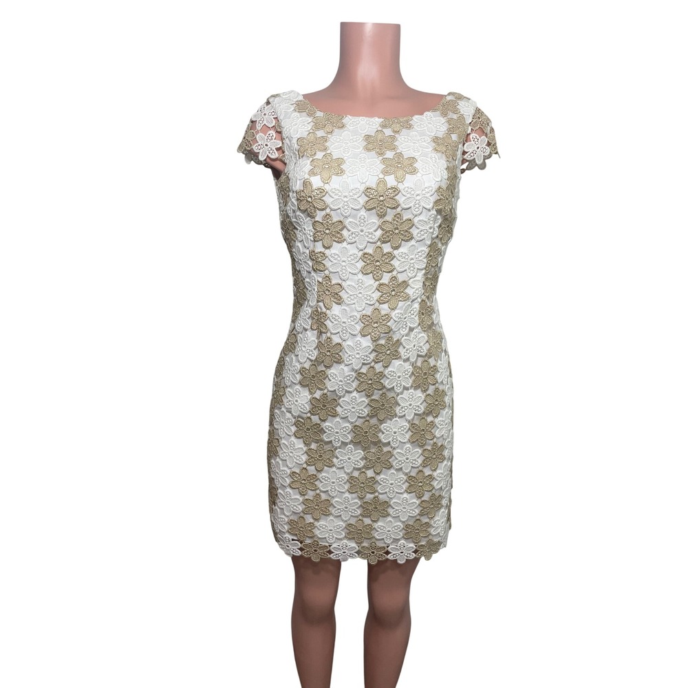 NWT Lilly Pulitzer Barbara Dress Gold Metallic Two Tone Truly Petal Lace White 0